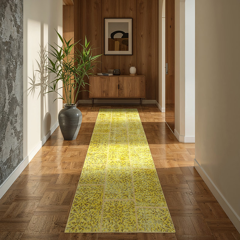 Yellow Patchwork Hand-Knotted Turkish Runner - 2' 10" x 8' 7" (34" x 103") - K0053898