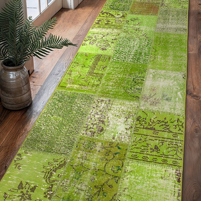 Green Patchwork Hand-Knotted Turkish Runner - 2' 10" x 10'  (34" x 120") - K0053900