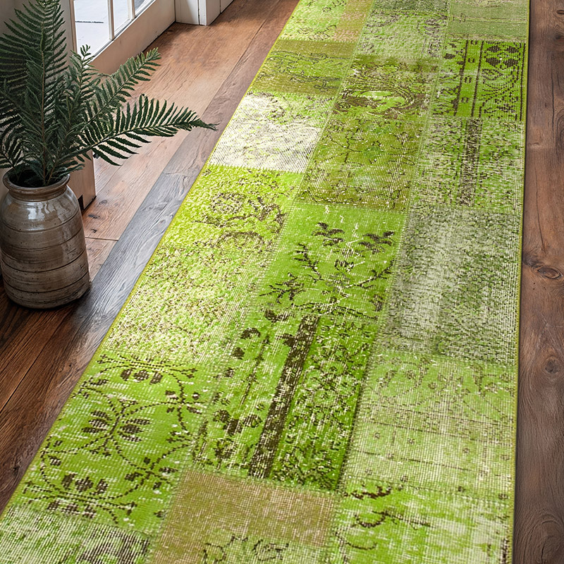 Verde Alfombra De Retazos Turca Sobre-teñida - 86 cm x 303 cm - K0053922