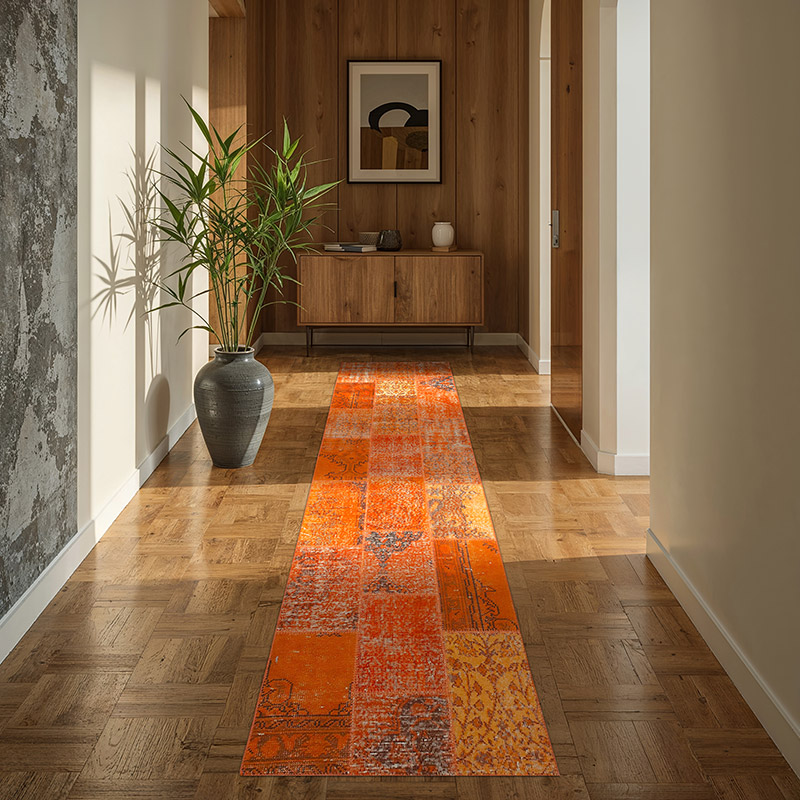 Orange Patchwork Hand-Knotted Turkish Runner - 2' 9" x 9' 9" (33" x 117") - K0053935