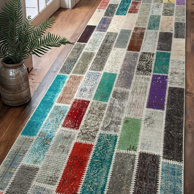 Multicolor Patchwork Hand-Knotted Turkish Runner - 3' 1" x 10'  (37" x 120") - K0053960