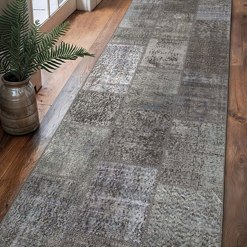 Gray Patchwork Hand-Knotted Turkish Runner - 2' 9" x 10'  (33" x 120") - K0053967