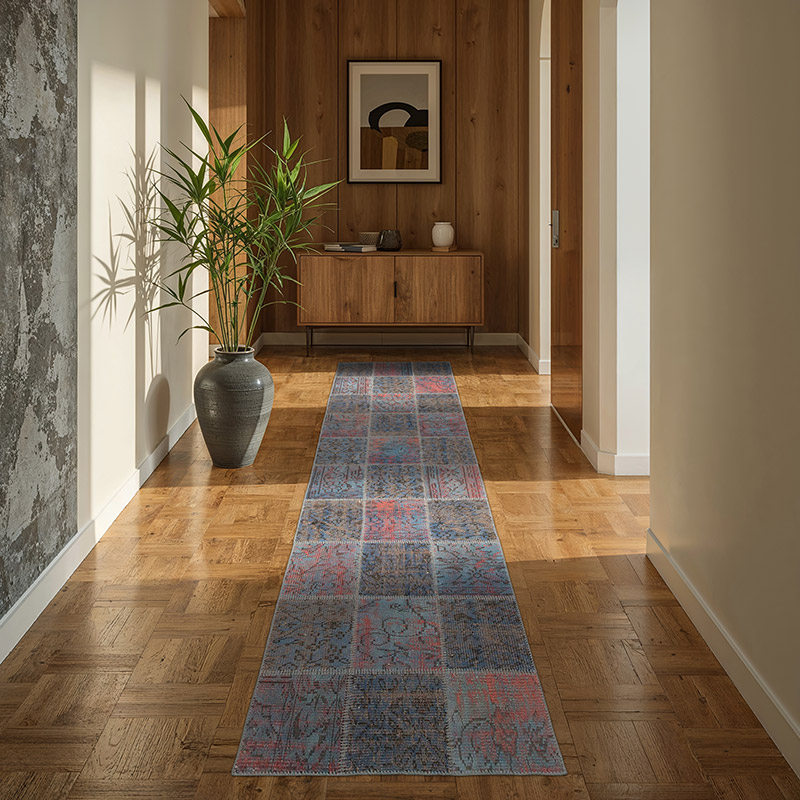 Blue Patchwork Hand-Knotted Turkish Runner - 2' 11" x 9' 9" (35" x 117") - K0053968