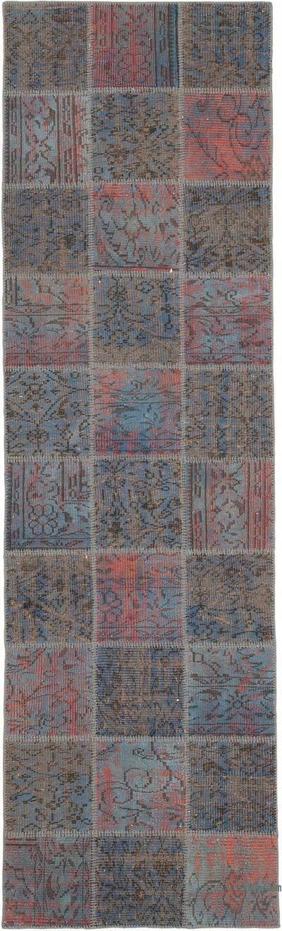 Blue Patchwork Hand-Knotted Turkish Runner - 2' 11" x 9' 9" (35" x 117")