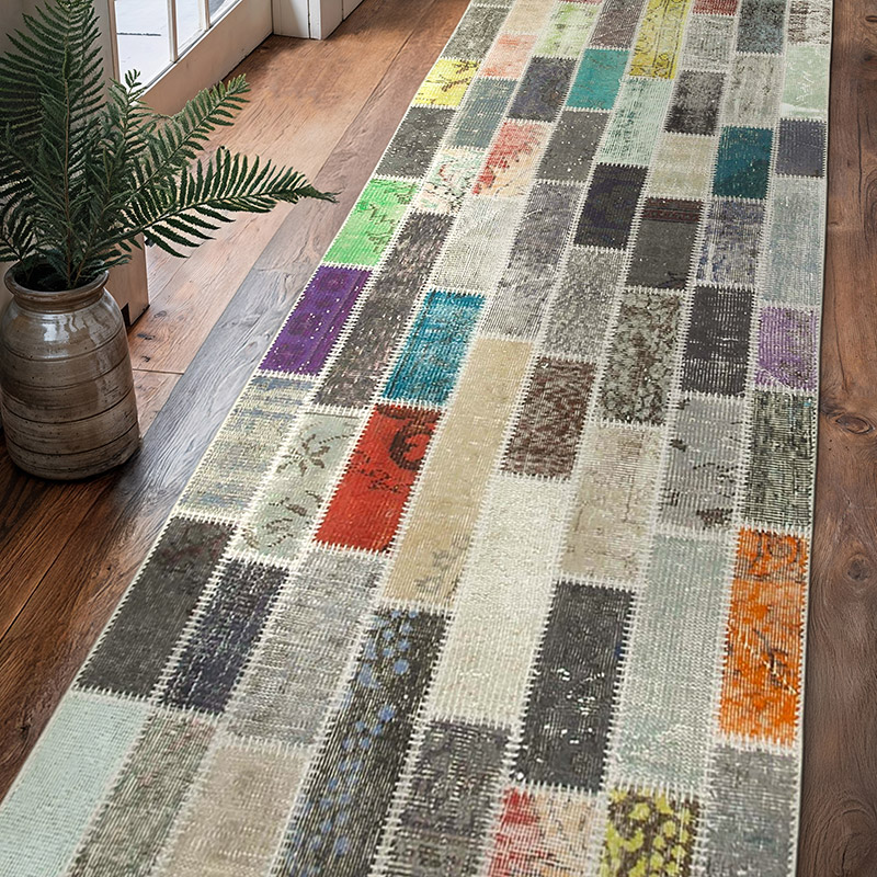 Multicolor Patchwork Hand-Knotted Turkish Runner - 3' 2" x 10' 10" (38" x 130") - K0053971
