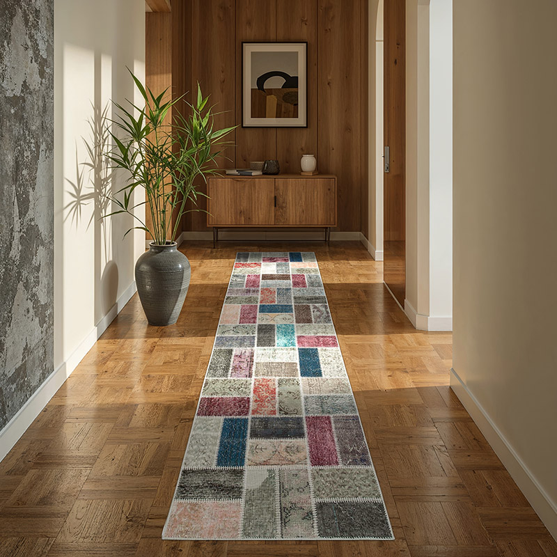 Çok Renkli Boyalı Patchwork Halı - 88 cm x 298 cm - K0053975