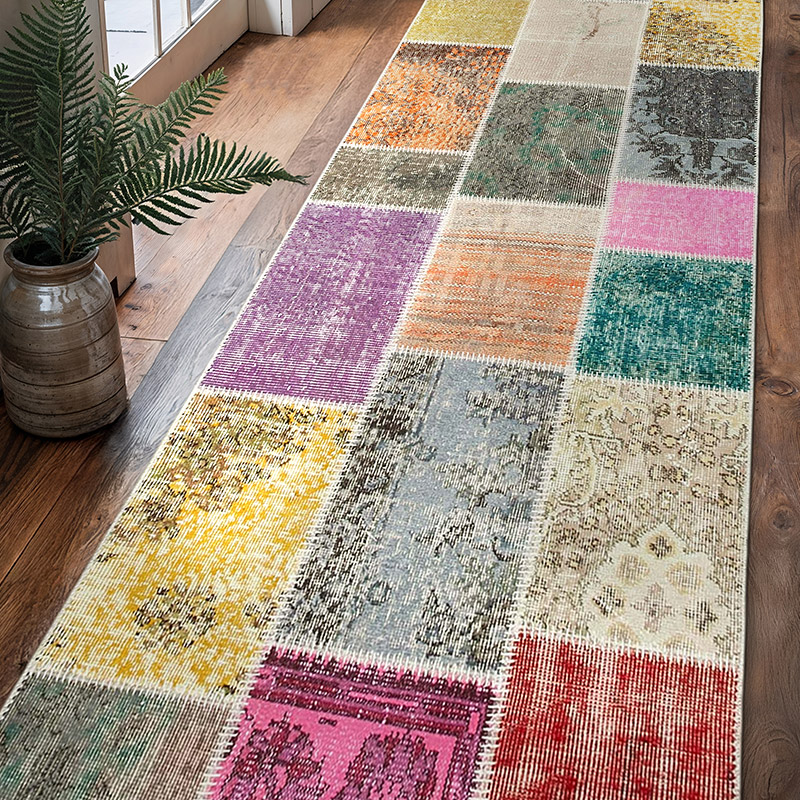 Multicolor Alfombra De Retazos Turca Sobre-teñida - 91 cm x 300 cm - K0053978