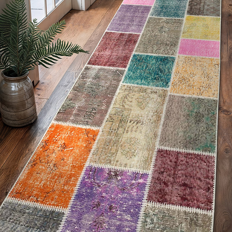 Multicolor Patchwork Hand-Knotted Turkish Runner - 3'  x 9' 10" (36" x 118") - K0053996