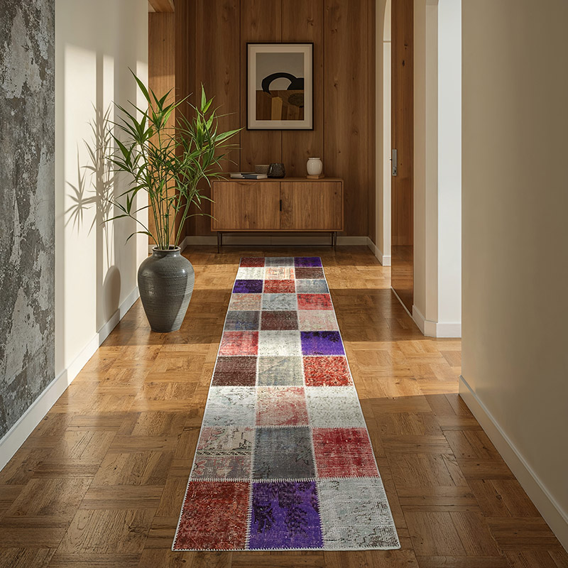 Multicolor Patchwork Hand-Knotted Turkish Runner - 2' 9" x 9' 9" (33" x 117") - K0054002