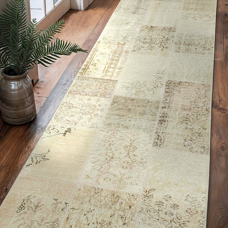 Beige Patchwork Hand-Knotted Turkish Runner - 2' 9" x 9' 10" (33" x 118") - K0054003