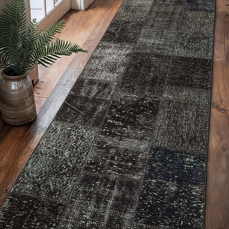 Black Patchwork Hand-Knotted Turkish Runner - 2' 10" x 10' 2" (34" x 122") - K0054012