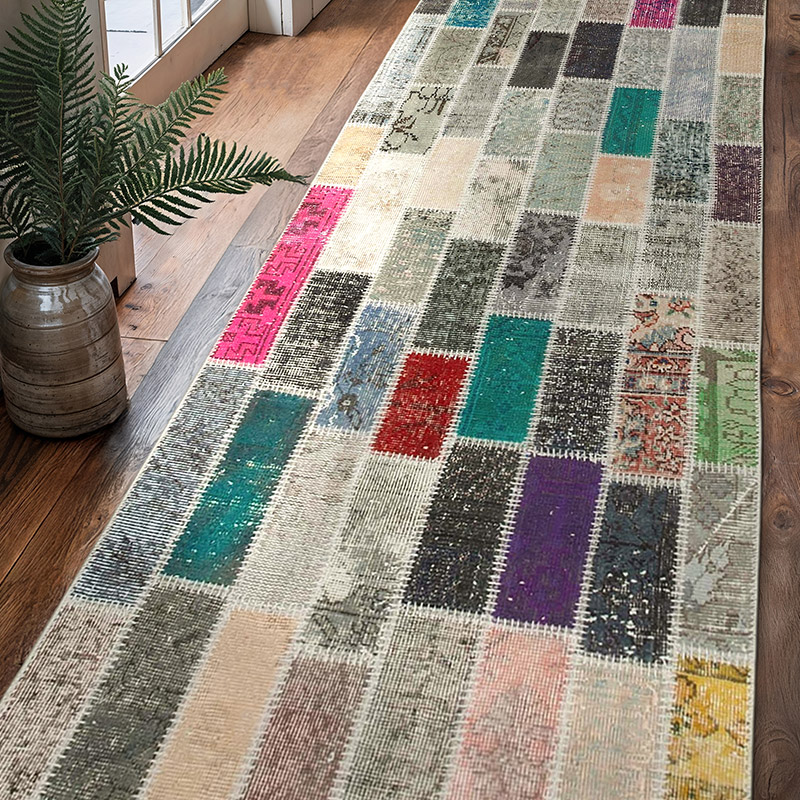 Multicolor Alfombra De Retazos Turca Sobre-teñida - 95 cm x 307 cm - K0054027