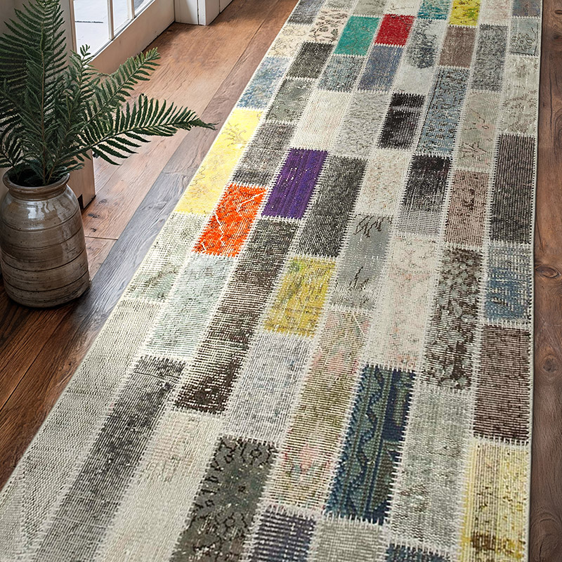 Multicolor Patchwork Hand-Knotted Turkish Runner - 3' 1" x 9' 11" (37" x 119") - K0054028