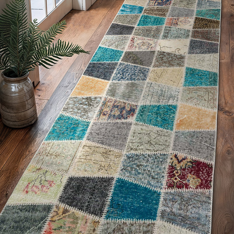 Multicolor Patchwork Hand-Knotted Turkish Runner - 2' 10" x 10' 2" (34" x 122") - K0054030
