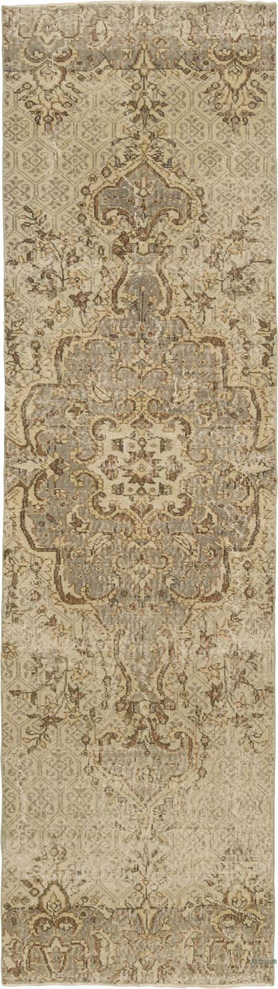 Beige Alfombra de Pasillo Turca Vintage Sobreteñida - 85 cm x 305 cm