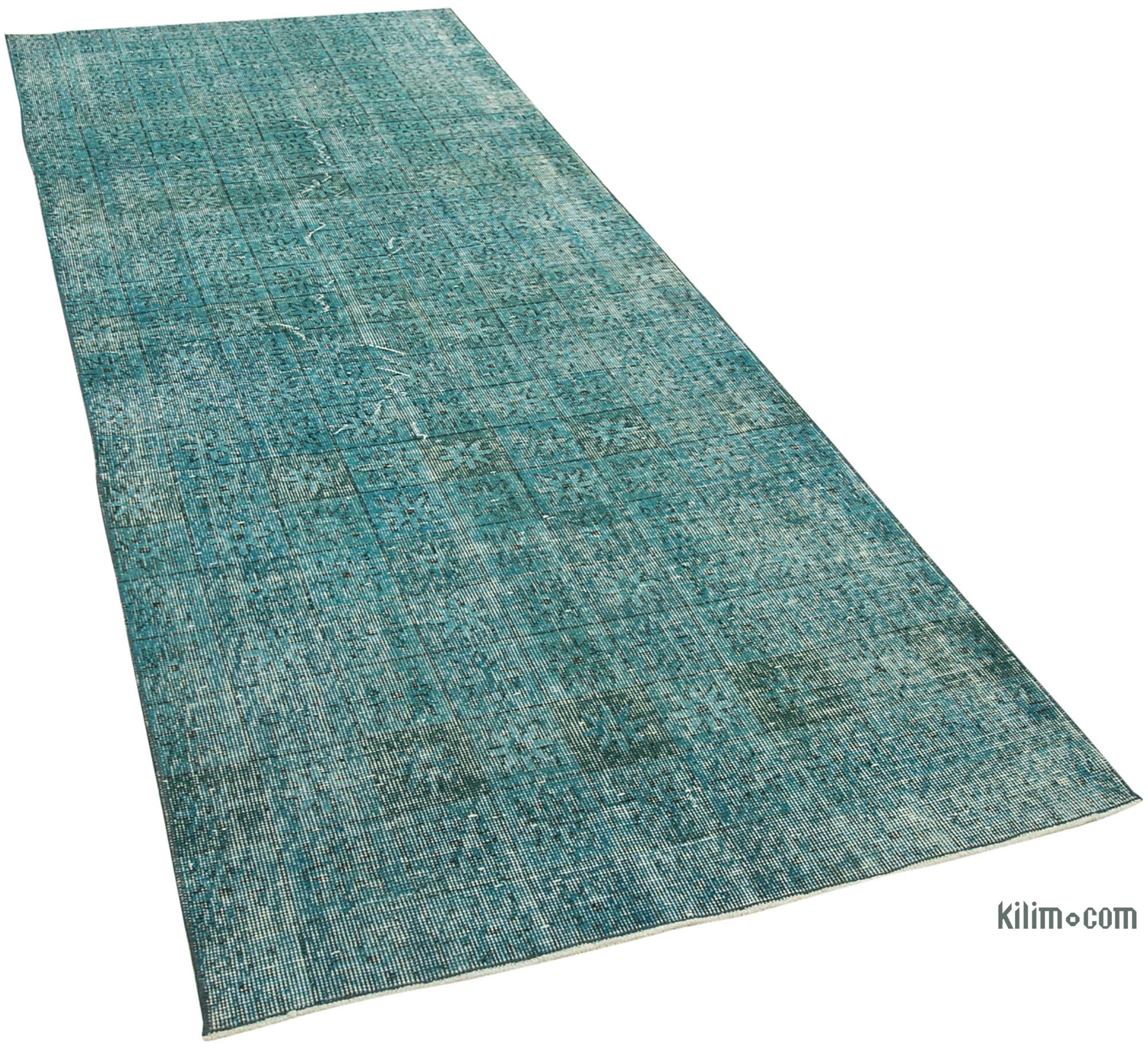 Aqua Over-dyed Turkish Vintage Runner Rug - 3' 8