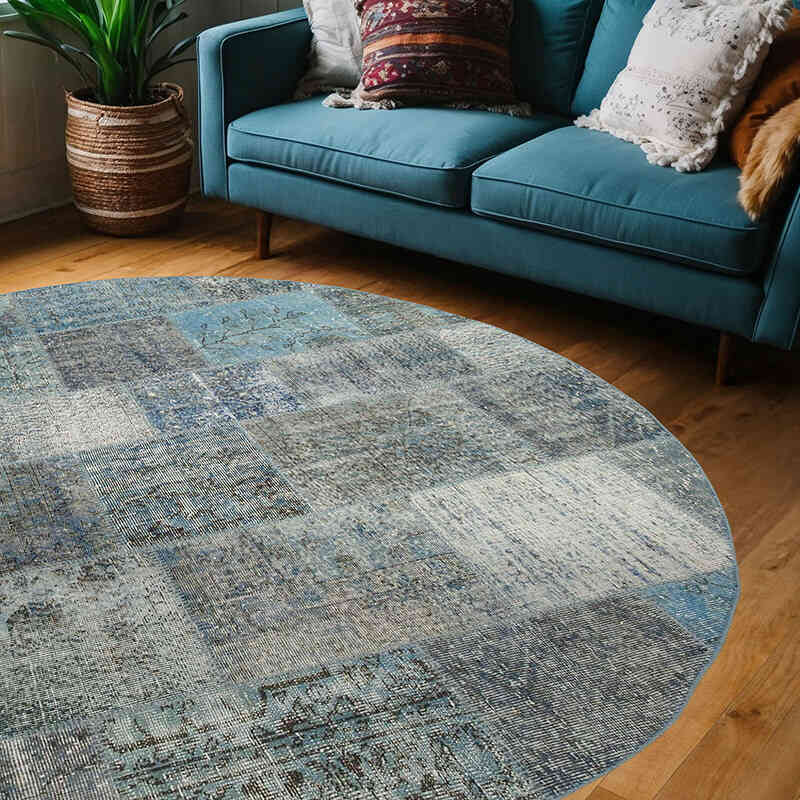 Mavi Yuvarlak Boyalı Patchwork Halı - 217 cm x 217 cm - K0054694