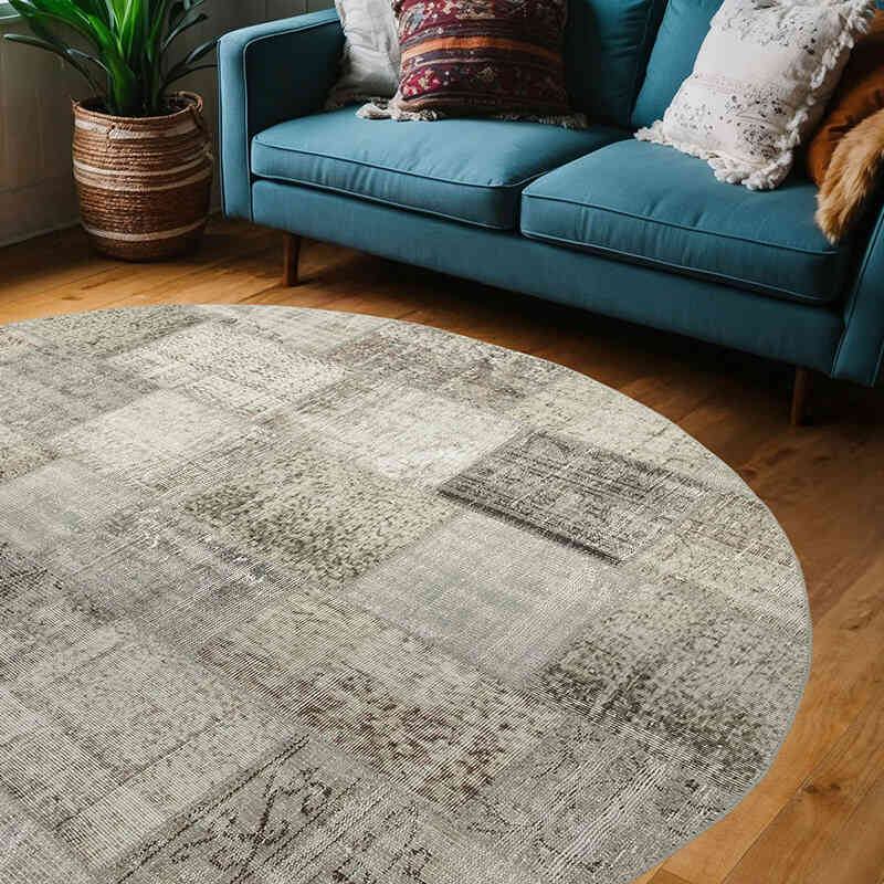 Gray Round Patchwork Hand-Knotted Turkish Rug - 7' 1" x 7' 1" (85" x 85") - K0054695