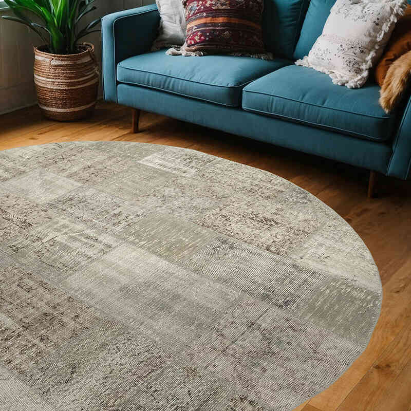 Gray Round Patchwork Hand-Knotted Turkish Rug - 7' 1" x 7' 1" (85" x 85") - K0054696