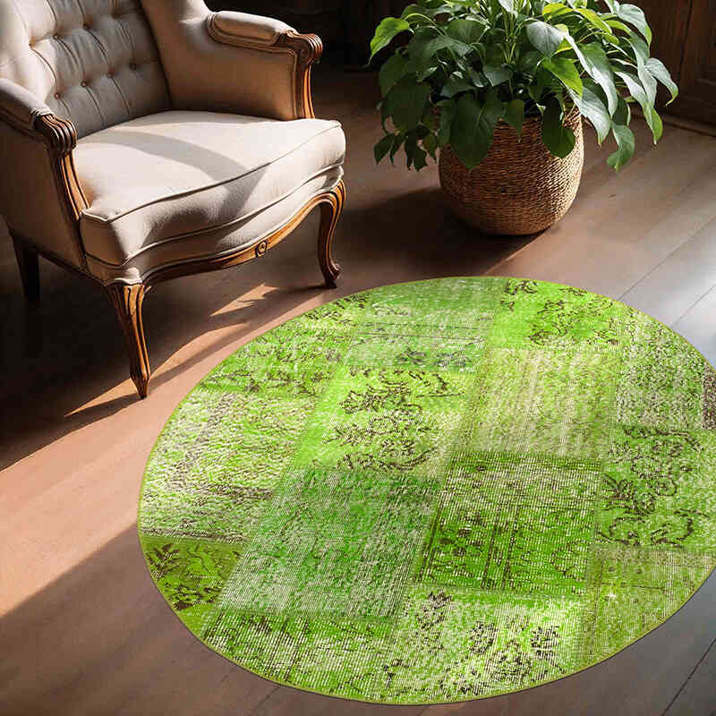Green Round Patchwork Hand-Knotted Turkish Rug - 4' 11" x 4' 11" (59" x 59") - K0054706