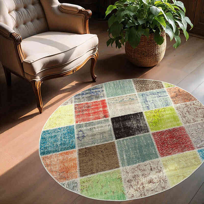 Multicolor Alfombra De Retazos Turca Sobre-Teñida - 146 cm x 146 cm - K0054717