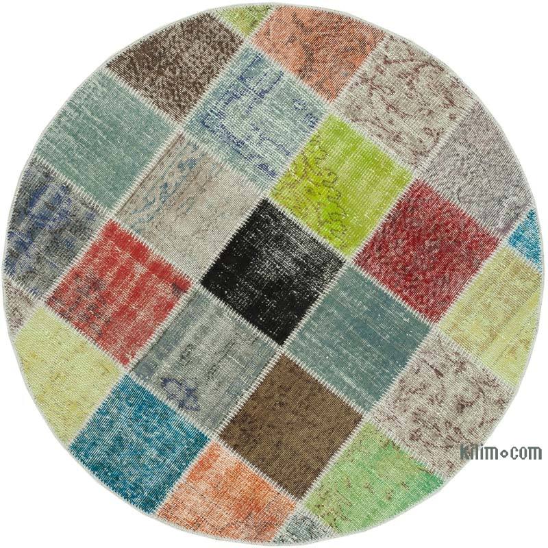 Multicolor Round Patchwork Hand-Knotted Turkish Rug - 4' 9" x 4' 9" (57" x 57") - K0054717