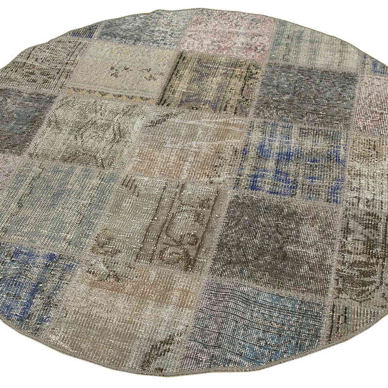 Gray Round Patchwork Hand-Knotted Turkish Rug - 4' 9" x 4' 9" (57" x 57") - K0054742