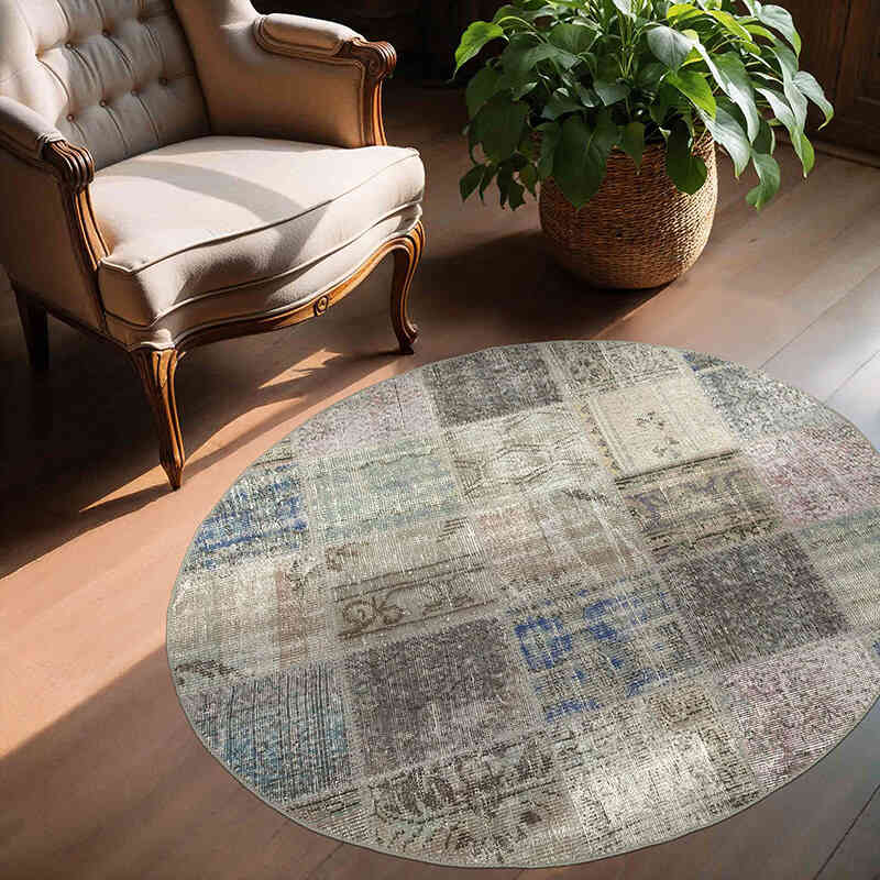 Gray Round Patchwork Hand-Knotted Turkish Rug - 4' 9" x 4' 9" (57" x 57") - K0054742