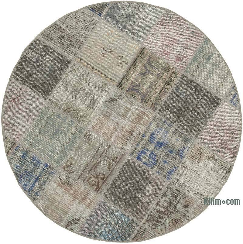 Gray Round Patchwork Hand-Knotted Turkish Rug - 4' 9" x 4' 9" (57" x 57") - K0054742