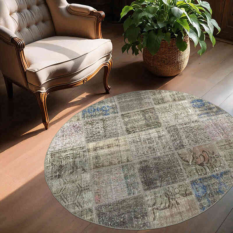 Gri Yuvarlak Boyalı Patchwork Halı - 146 cm x 146 cm - K0054752