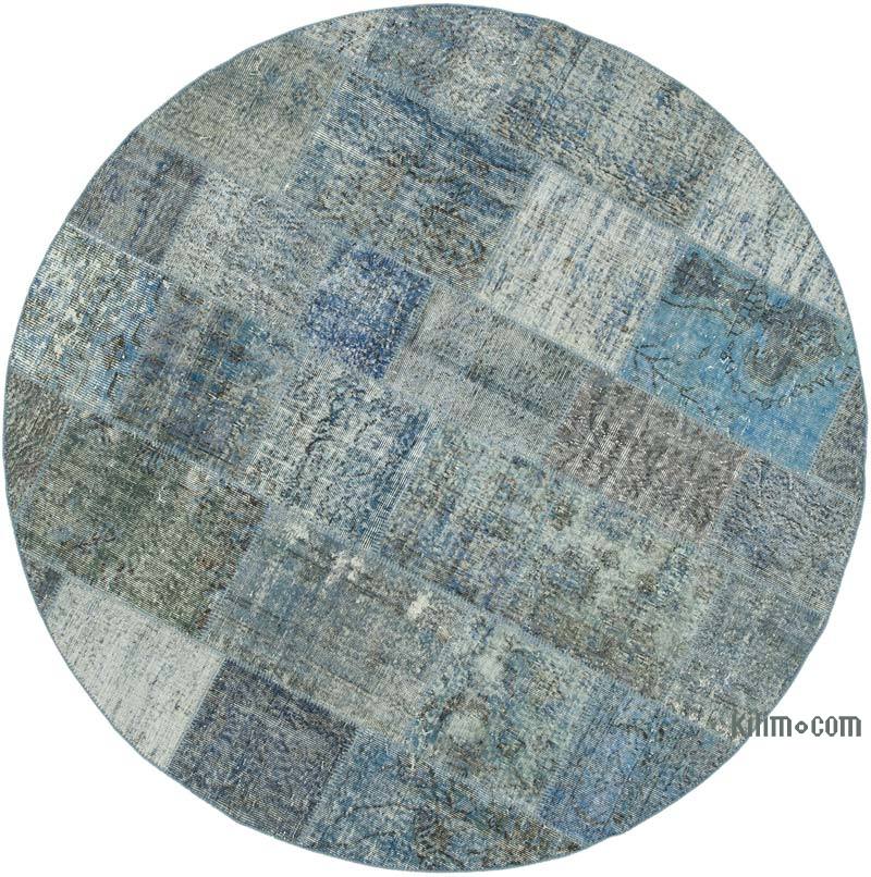 Blue Round Patchwork Hand-Knotted Turkish Rug - 7' 1" x 7' 1" (85" x 85") - K0054756