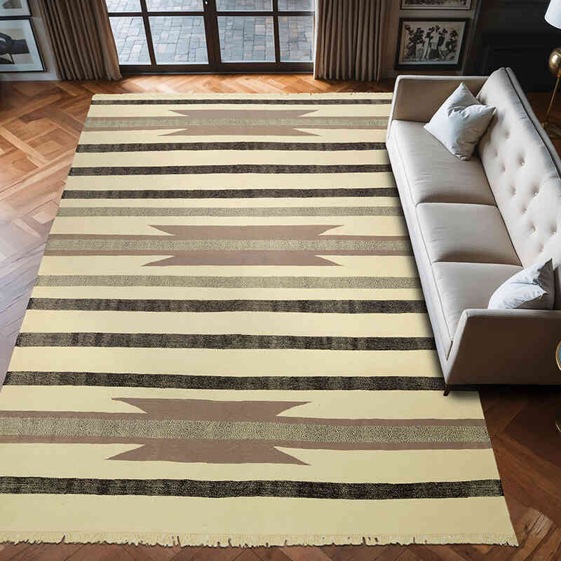 Beige, Brown New Handwoven Turkish Kilim Rug - 8' 7" x 13' 4" (103" x 160") - K0056006