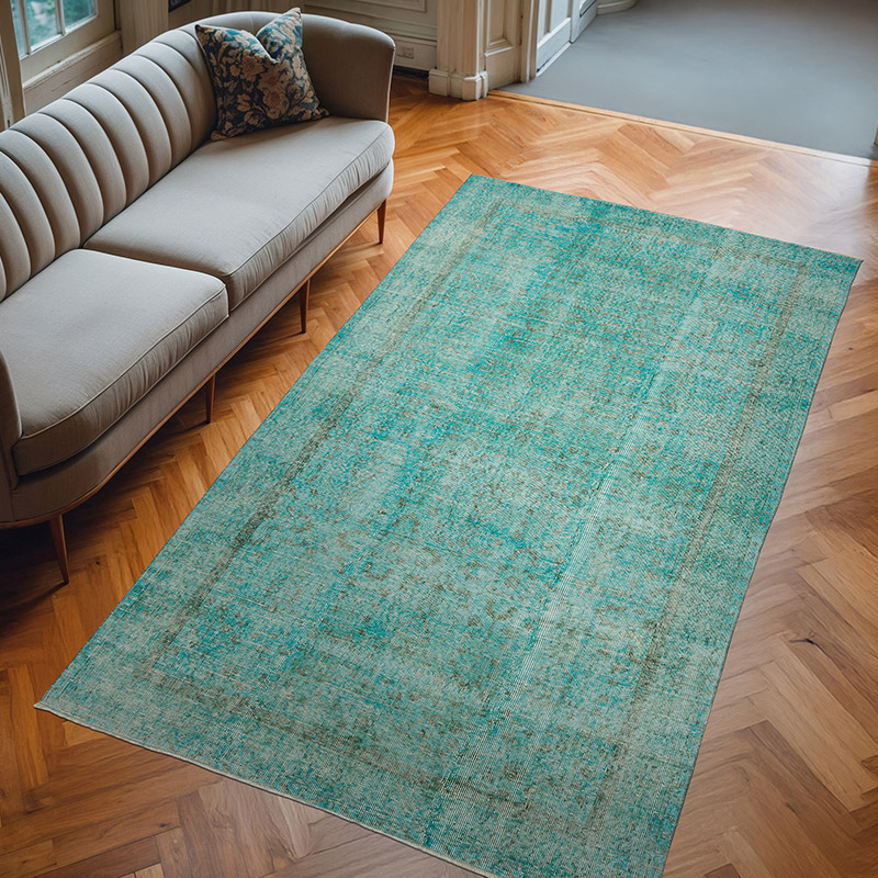 Turquesa Alfombra Turca Vintage Sobre-teñida - 160 cm x 274 cm - K0056181