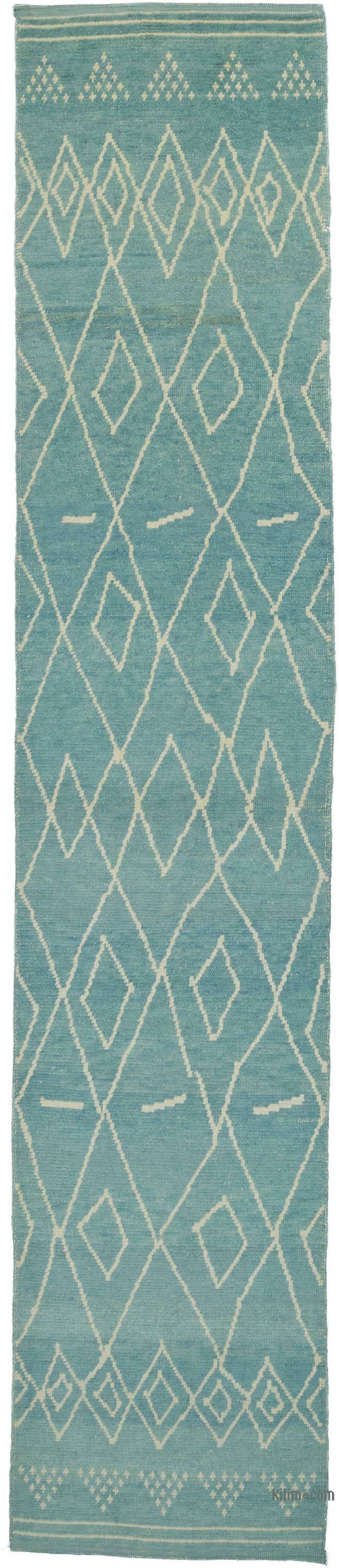 Aqua New Moroccan Style Hand-Knotted Tulu Runner - 2' 11" x 14' 7" (35" x 175") - K0057565