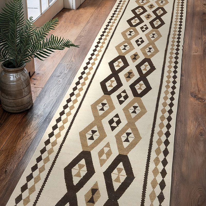 Beige, Marrón Alfombra Kilim Tribal Vintage - 93 cm x 343 cm - K0057628