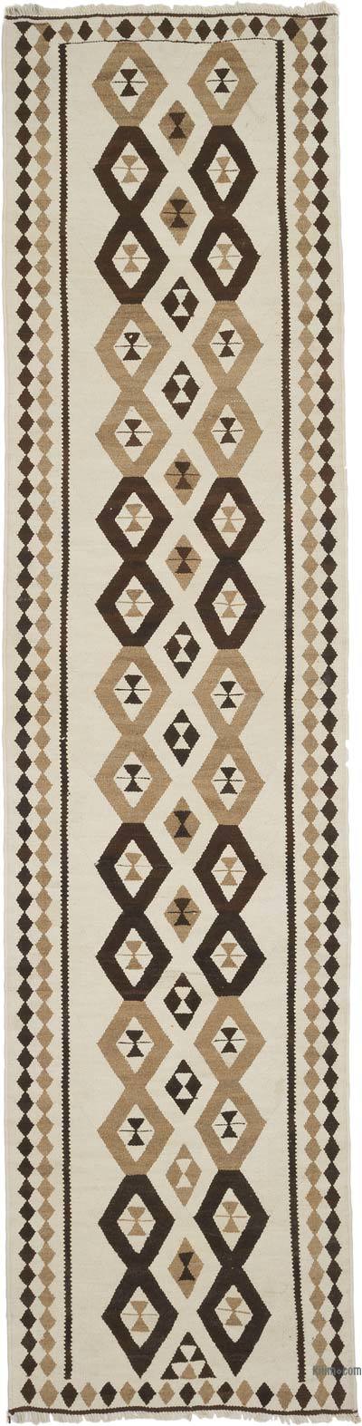 Bej, Kahverengi Vintage Anadolu Kilim Yolluk - 93 cm x 343 cm