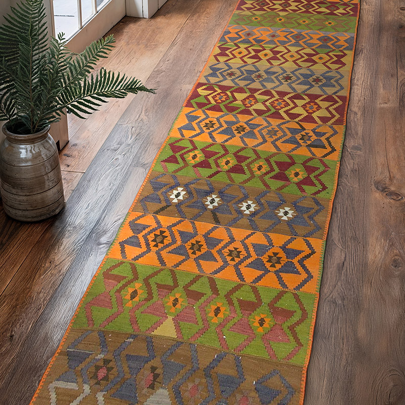 Çok Renkli Vintage Afyon Kilim Yolluk - 84 cm x 407 cm - K0058132