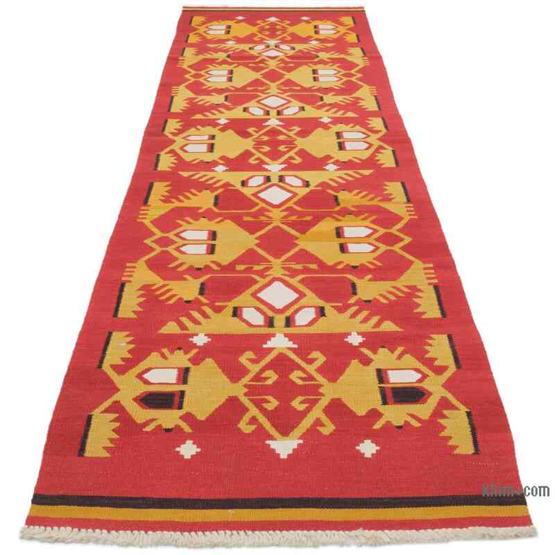 Rojo, Amarillo Corredor Nueva Alfombra Turca Kilim - 85 cm x 298 cm - K0058154
