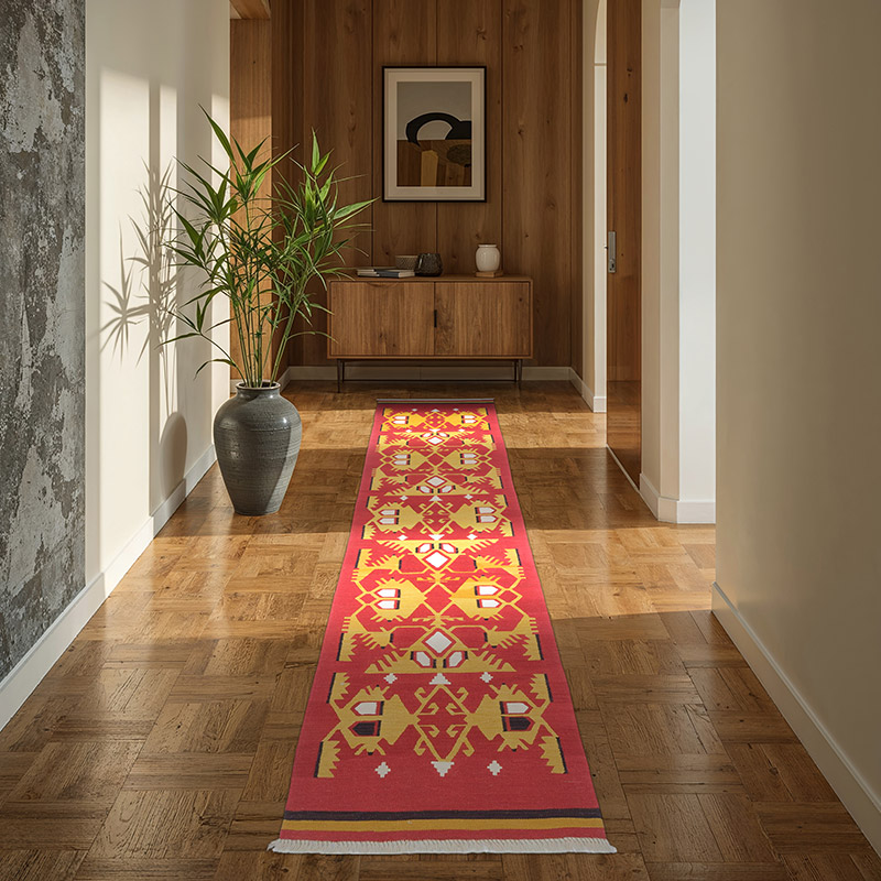 Rojo, Amarillo Corredor Nueva Alfombra Turca Kilim - 85 cm x 298 cm - K0058154