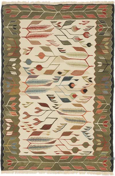 Bej, Yeşil Yeni Kök Boya El Dokuma Kilim - 122 cm x 178 cm