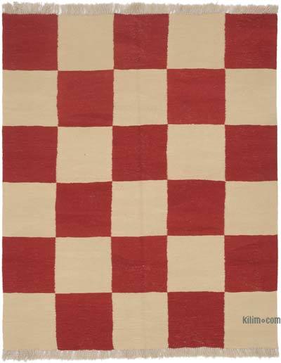 Beige, Rojo Nueva Alfombra Turca Kilim - 154 cm x 187 cm