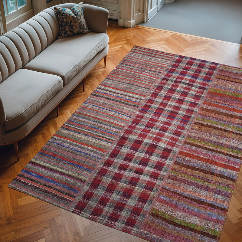 Red Patchwork Kilim Rug - 6' 8" x 9' 7" (80" x 115") - K0058215