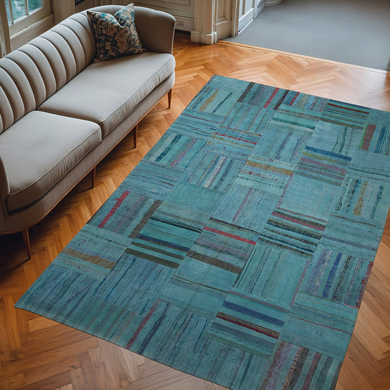 Aqua Patchwork Kilim Rug - 6' 8" x 10' 1" (80" x 121") - K0058353