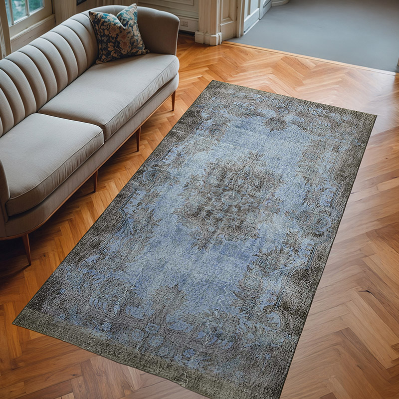 Azul Oscuro Alfombra Turca Vintage Sobre-teñida - 161 cm x 301 cm - K0059271