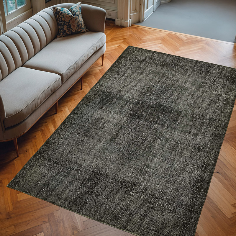 Negro Alfombra Turca Vintage Sobre-teñida - 178 cm x 279 cm - K0059380