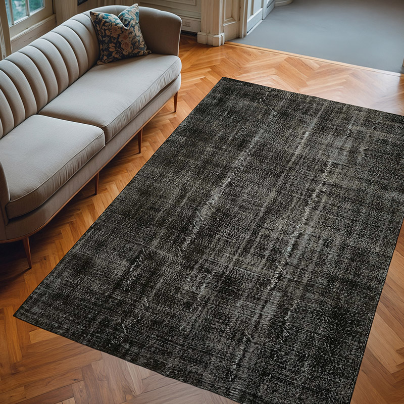 Negro Alfombra Turca Vintage Sobre-teñida - 210 cm x 313 cm - K0059386