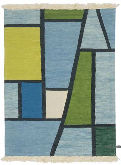 Azul, Verde Nueva Alfombra Turca Kilim - 123 cm x 163 cm