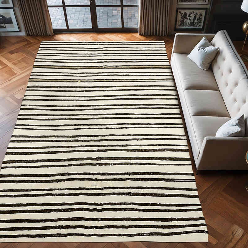 Beige, Brown Vintage Anatolian Hemp Kilim Rug - 7' 3" x 12' 3" (87" x 147") - K0061298