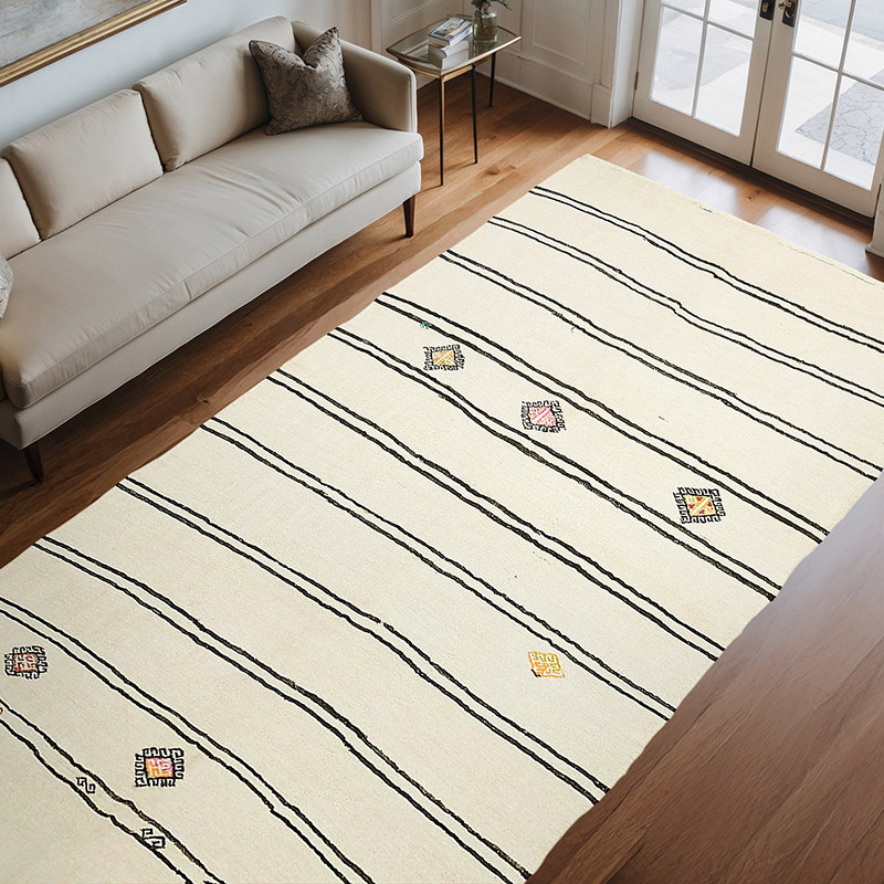 Beige Vintage Anatolian Hemp Kilim Rug - 6' 7" x 11' 10" (79" x 142") - K0061304