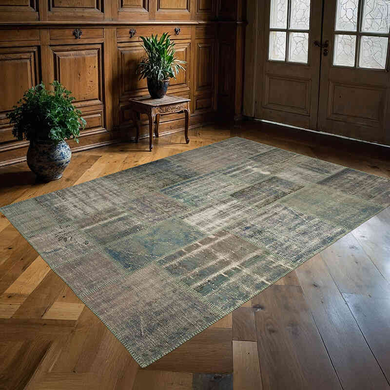 Gray Patchwork Hand-Knotted Turkish Rug - 5' 9" x 8'  (69" x 96") - K0063850